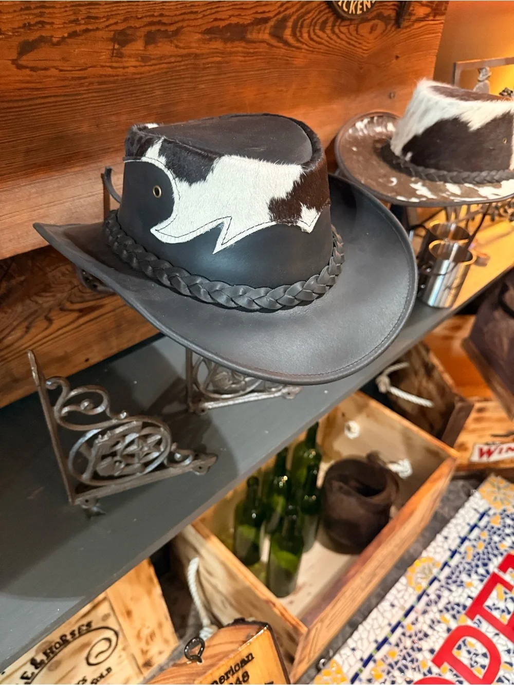Medium & Black Leather Western Hat with Brown and Cream Hair-On Hide Trim